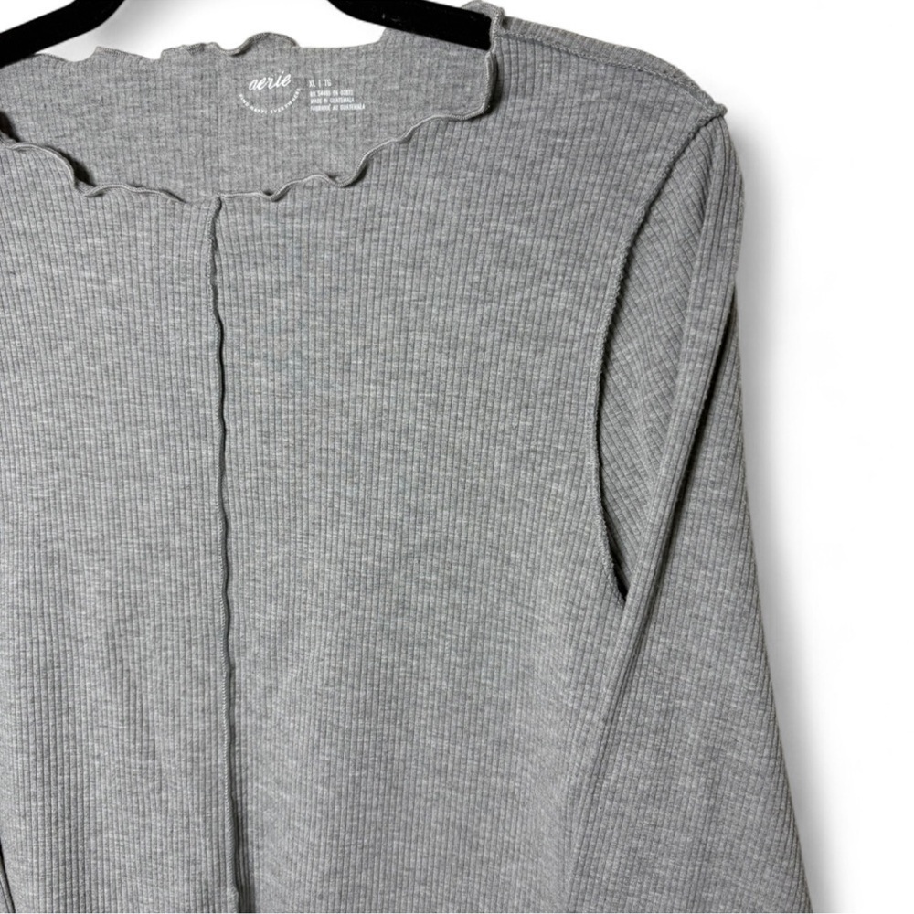 Aerie Grey Ribbed Long Sleeve Top XL Scallop Hem Casual Stretch Tee - Picture 4 of 7